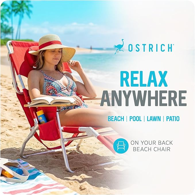 Ostrich the Deluxe 3N1 Lightweight Lawn Beach Reclining Lounge Chair with Footrest, Outdoor Furniture for Patio, Balcony, Backyard, or Porch, Red