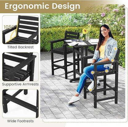 Giantex 29” Bar Stools Set of 4, HDPE Barstools w/Back, Armrests & Footrests, Max Load 330Lbs, Counter Height Bar Stools, Adirondack Chair for Patio Balcony Outdoor Bistro Set, Black