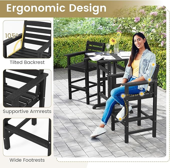 Giantex 29” Bar Stools Set of 2, HDPE Barstools w/Back, Armrests & Footrests, Max Load 330Lbs, Counter Height Bar Stools, Adirondack Chair for Patio Balcony Outdoor Bistro Set, Black
