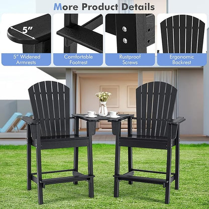 Giantex Tall Adirondack Chair Set of 2 - Outdoor HDPE Barstools w/Middle Connecting Tray & Umbrella Hole, Counter Height Bar Chair, Weather Resistant, Ideal for Patio, Backyard, Poolside (Black)