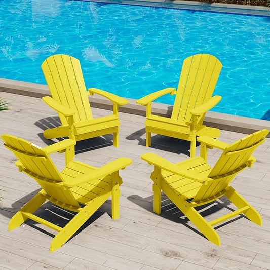 YEFU Adirondack Chairs Set of 4: Outdoor Chair HIPS Plastic Adirondack Chairs - Patio Chairs with Wood Texture - Lawn Fire Pit Deck Porch Garden Chairs for Adults (Yellow)