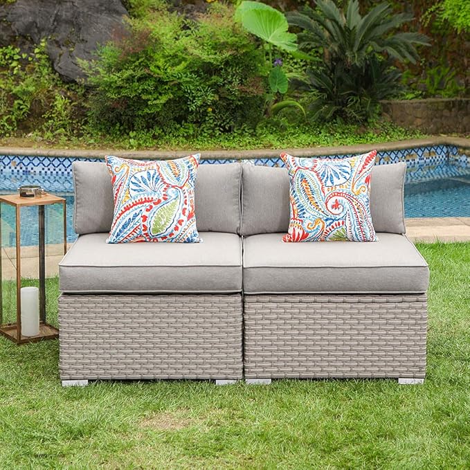 COSIEST 2-Piece Outdoor Furniture Add-on Armless Chairs for Expanding Wicker Sectional Sofa Set w Warm Gray Thick - Photo 5