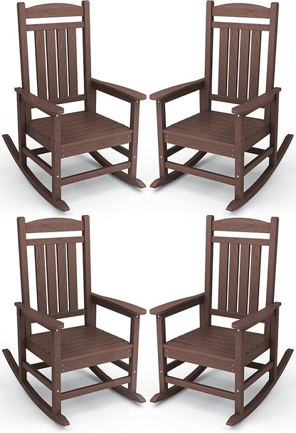 KINGYES HDPE Outdoor Rocking Chair Set of 4, All-Weather Poly Patio Rocking Chairs with 330lbs Support for Adults, Coffee Brown
