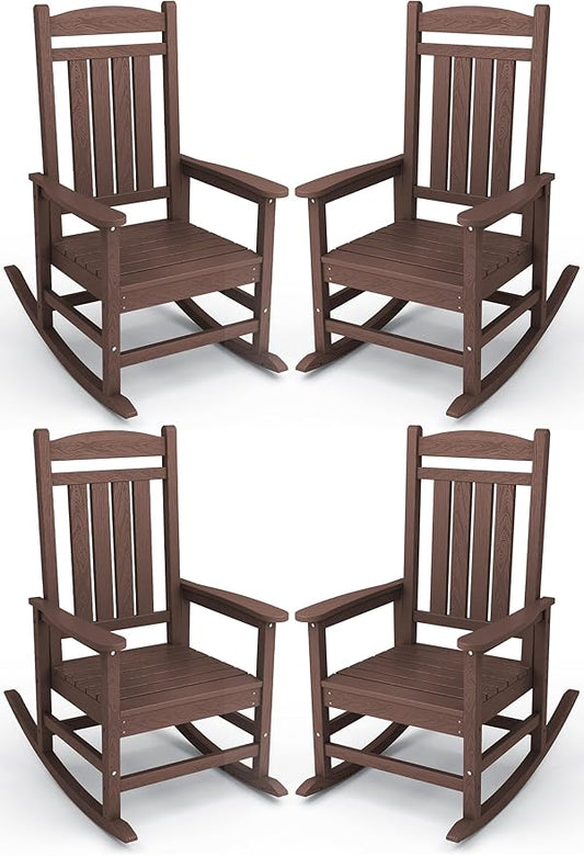 KINGYES HDPE Outdoor Rocking Chair Set of 4, All-Weather Poly Patio Rocking Chairs with 330lbs Support for Adults, Coffee Brown