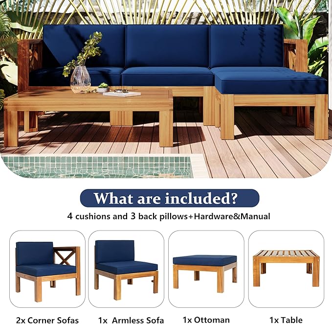 Outdoor Backyard Patio Wood 5-Piece Sectional Sofa Seating Group Set with Cushions, Natural Finish+ Blue Cushions - Photo 4