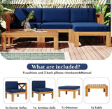 Outdoor Backyard Patio Wood 5-Piece Sectional Sofa Seating Group Set with Cushions, Natural Finish+ Blue Cushions - Photo 4