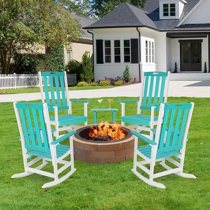 Aoodor Outdoor Rocking Chair, Ergonomic HDPE Rockers with All-Weather Design for Patio or Porch, Clashing Colors, Lake Blue and White,Set of 4