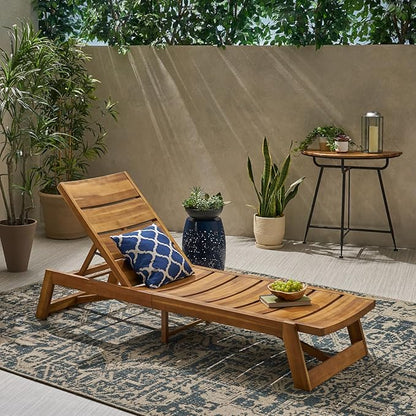 Maki Acacia Wood & Iron Outdoor Chaise Lounge - Adjustable & Breathable for Poolside or Patio