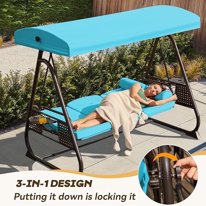 3 in 1 Outdoor Porch Swing with Adjustable Canopy, 3 Seat Outdoor Swing for Adults - Photo 2