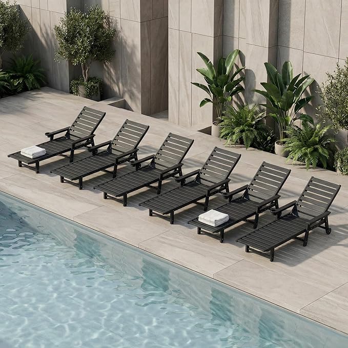 5-Position Adjustable Lounge Chair Outdoor Set of 6, HDPE Outdoor Chaise Lounge with Cup Holder & Wheels, Pool Lounge Chairs for Poolside, Beach, Deck, Black