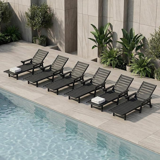 5-Position Adjustable Lounge Chair Outdoor Set of 6, HDPE Outdoor Chaise Lounge with Cup Holder & Wheels, Pool Lounge Chairs for Poolside, Beach, Deck, Black