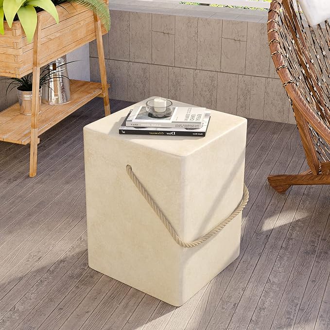 HOMPUS Outdoor Side Table w Hemp Rope Handle, Patio MgO Concrete Natural End Table, Square Accent Table - Photo 6