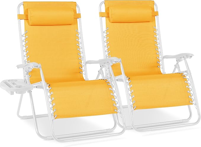 Best Choice Products Set of 2 Extra Wide Adjustable Steel Mesh Zero Gravity Lounge Chair Recliners w/Pillows and Cup Holder Trays - Marigold/White
