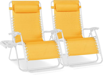Best Choice Products Set of 2 Extra Wide Adjustable Steel Mesh Zero Gravity Lounge Chair Recliners w/Pillows and Cup Holder Trays - Marigold/White