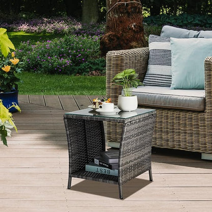 Wicker Rattan Side Table, Outdoor Square Rattan Coffee End Table with Tempered Glass Top and Storage for Patio Porch Lawn (Gray)