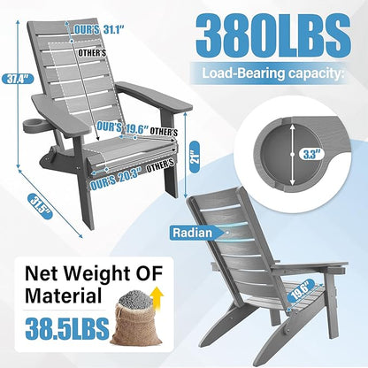 YEFU Adirondack Chair, Folding Adirondack Chairs Set of 4 with Arc Back & Cup Holder, Weather Resistant Plastic Oversized Chair for Outdoor Patio Lawn Garden Backyard Deck Fire Pit, Grey