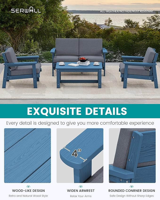 SERWALL 4 Piece HDPE Outdoor Furniture Set, All Weather Wood-Like Outdoor Sofa Sectional Couch - Photo 4