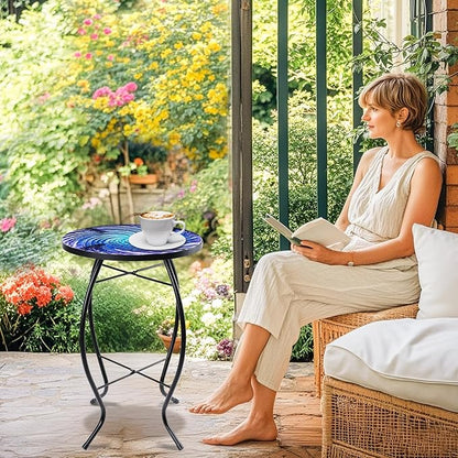 MUMTOP Outdoor End Tables for Patio, Deep Sea Round Side Table, Glass Accent Table for Outside, Garden, Balcony, Porch, Indoor Home Decor