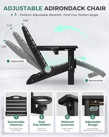 Folding Adirondack Chair with Retractable Ottoman Weather Resistant Fire Pit Chair Patio Chair with 2 Cup Holder Lawn Outdoor Lounge Chair (Black)
