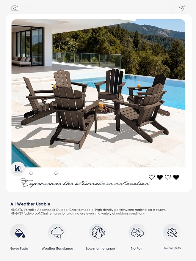 KINGYES Folding Adirondack Chair Set of 6, HDPE All-Weather Patio Chairs with Cup Holder - Photo 7