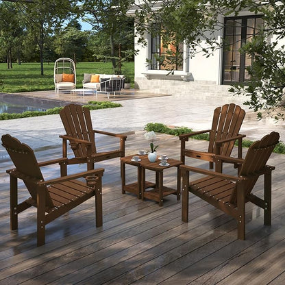 Stackable Adirondack Chair Set of 2, HDPE All-Weather Adirondack Chairs - Durable and Space Saving, Plastic Outdoor Fire Pit Chairs with Cup Holder,Wood