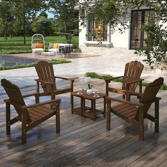 Stackable Adirondack Chair, HDPE All-Weather Adirondack Chairs - Durable and Space Saving, Plastic Outdoor Fire Pit Chairs with Cup Holder,Wood