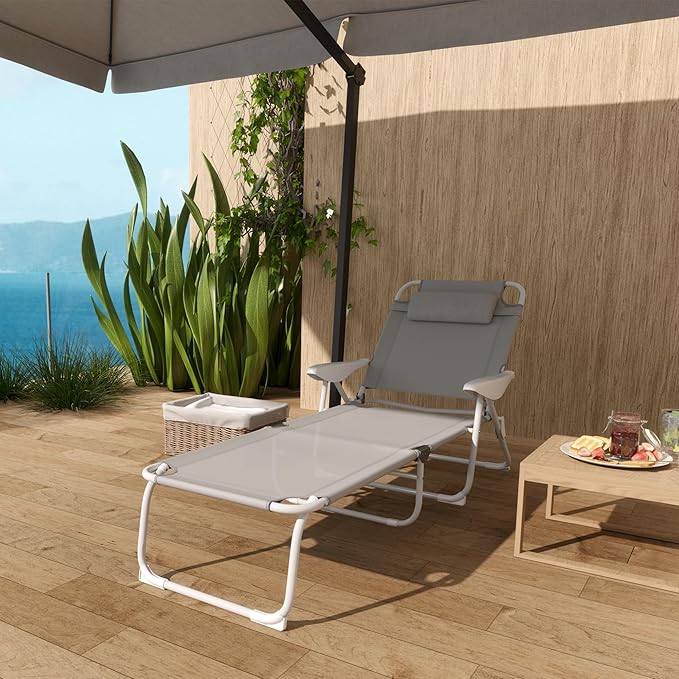 Outsunny Folding Lounge Chair, Portable Outdoor Chaise Lounge, Sun Tanning Chair with 4-Position Reclining Back - Photo 8
