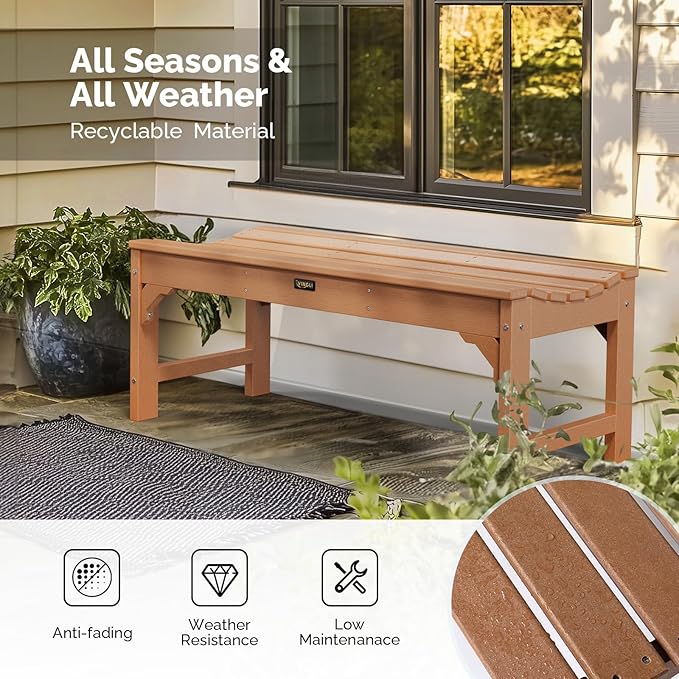 VINGLI Outdoor Bench Garden Bench HDPE Porch Bench, All-Weather Patio Bench, Poly Lumber Oversized Park Bench 800 lbs Weight Capacity (Teak)