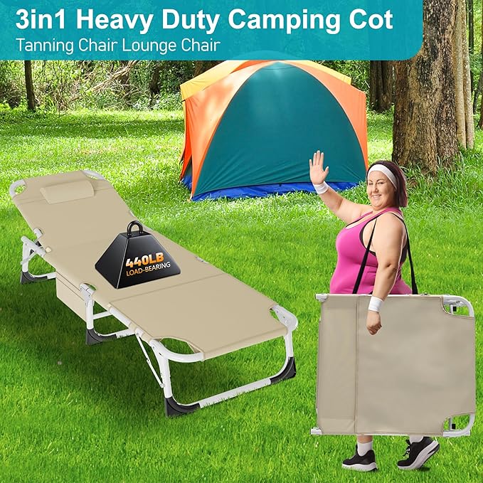 ABORON Heavy Duty Tanning Chair, Outdoor 5-Position Folding Chaise Lounge Chair with Pad - Photo 7