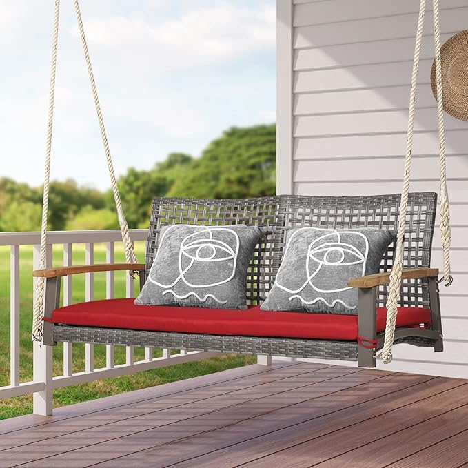 RELAX4LIFE 2-Seater Outdoor Porch Swing - Patio PE Rattan Hanging Swing Bench with Seat Cushion and Strong Hanging Ropes - Photo 2