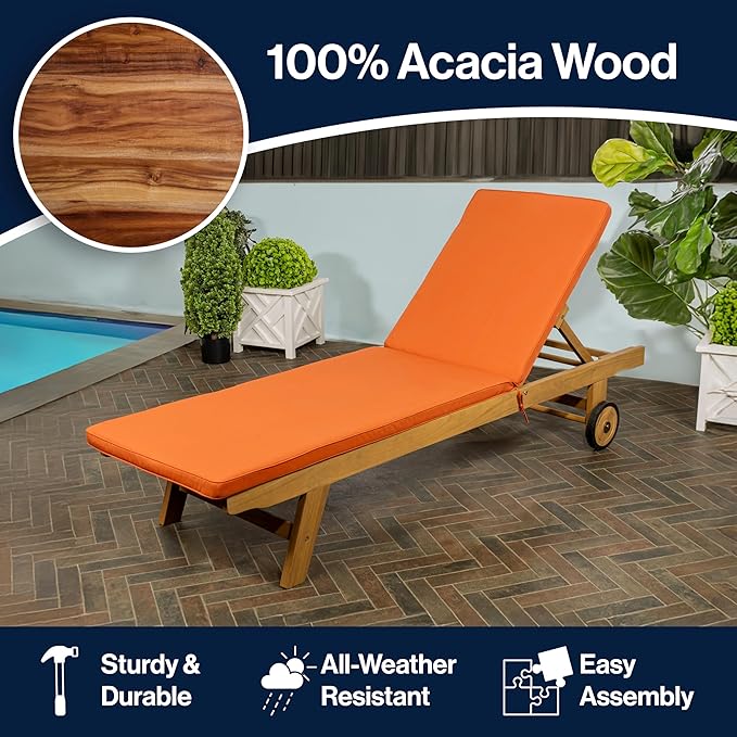 JONATHAN Y LNG1000C Mallorca 77.56"x23.62" Modern Classic Adjustable Acacia Wood Chaise Outdoor Lounge Chair with - Photo 5