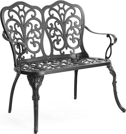 HOMEFUN Outdoor Bench, Patio Garden Benches Metal Loveseat Cast-Aluminum Outside Furniture for Park Lawn Front Porch Black