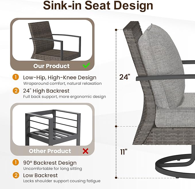 Green4ever Patio Swivel Dining Chairs Set of 2 with 360-Degree Rotating, Metal Outdoor Rocking Chair, All Weather Rattan Patio Chairs for Porch, Bistro, Balcony, Gray
