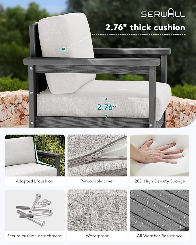 SERWALL 3 Pieces HDPE Outdoor Sofa Bistro Set with Cushions, Outdoor Furniture Sofa Sets with Coffee Table and Cushions - Photo 3
