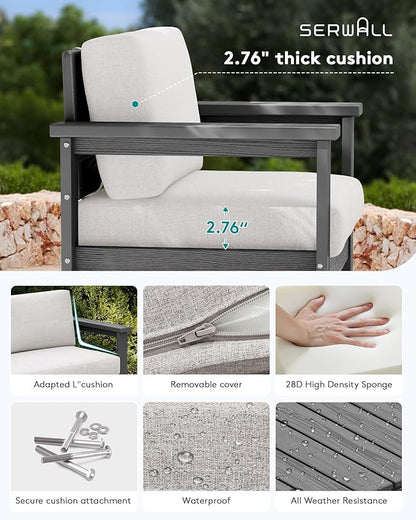 SERWALL 3 Pieces HDPE Outdoor Sofa Bistro Set with Cushions, Outdoor Furniture Sofa Sets with Coffee Table and Cushions, All Weather Conversation Social Set, Grey Frame with Khaki Cushion