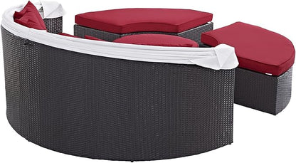 Modway Convene Wicker Rattan Outdoor Patio Retractable Canopy Round Poolside Sectional Sofa Daybed with Cushions in Espresso Red
