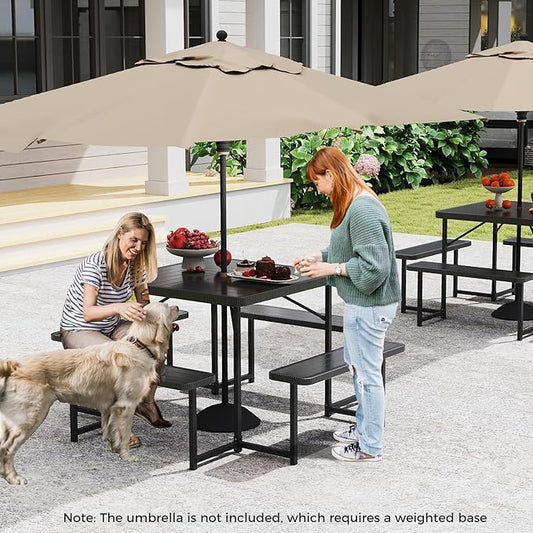 Giantex Picnic Table Bench Set for 4-8 People, 34" Outdoor Square Dining Table & 2 Benches w/Umbrella Hole, HDPE Tabletop, Metal Frame, Patio Camping Furniture for Backyard Porch Lawn (Black,Square)