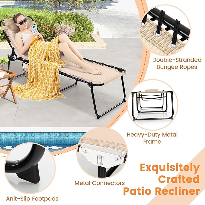 Goplus Chaise Lounge Chair Outdoor, Folding 5-Postion Beach Lounge Chair with Detachable Pillow, Side Pocket, Sunbathing Lounger, Adjustable Tanning Chair for Patio Lawn Pool Yard