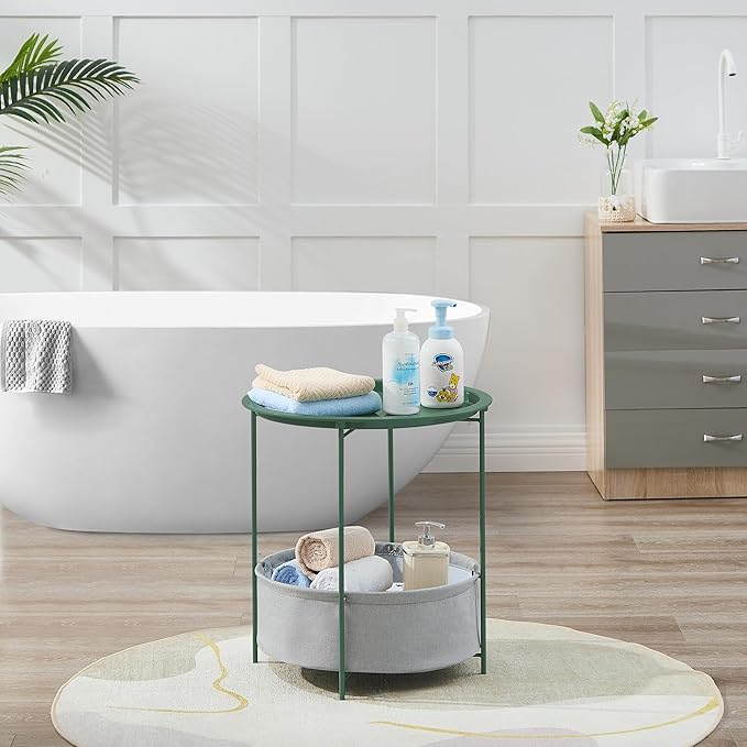 VECELO Round Side/End Table with Fabric Storage Basket，Metal Anti-Rust and Waterproof Small Bedside Nightstand with - Photo 5