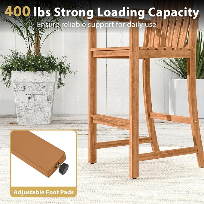 Tangkula Tall Adirondack Chair, Outdoor Acacia Wood Bar Stool with Back, Armrests and Footrest, Bar Height Patio Chair for Balcony, Porch, Deck and Backyard (2,Natural)