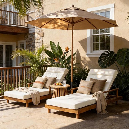 Merax Acacia Wood Outdoor Chaise Lounge Chair with Thick 4-Fold Cushion & Headrest, 3-Position Adjustable Backrest, Modern 76.8" L Large Patio Pool Sun Lounger for Garden Beach Yard, Beige+Teak
