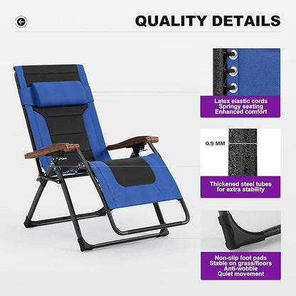 PURPLE LEAF Oversized Outdoor Reclining Chair Set of 2 Patio Zero Gravity Chaise Lounge Folding Chair with Quilted Cushion Adjustable Headrest for Lawn Camping Beach Pool Navy Blue and Black