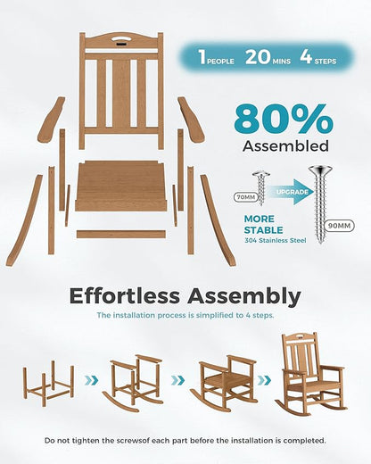 Ciokea Oversized Outdoor Rocking Chair, 380lbs Heavy-Duty Large Patio Rocker, Weather Resistant & Anti-Fade Porch Chair, High Back Cozy Rocking Chair for Outside, Fire Pit, Deck, Garden, Teak