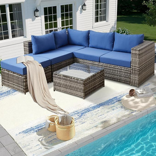 Outdoor Sectional Sofa Set Patio Furniture Sets All Weather PE Rattan Sectional Seating Group with Cushions and Table (Blue)
