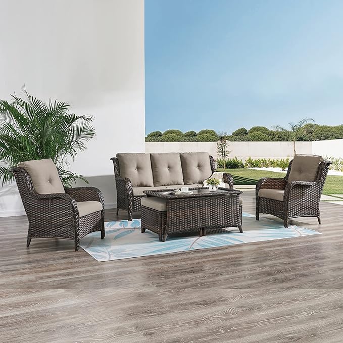HUMMUH Outdoor Wicker Patio Chairs Set of 2 PE Rattan Patio Seating Chairs High Back Curved Armrest Porch Chairs with 4 - Photo 7