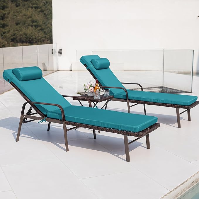 Kurapika Patio Chaise Lounge Set 3 Pieces Outdoor Lounge Chair, Rattan Reclining Chair Adjustable Backrest, Pool Sunbathing Recliners with Folding Table for Poolside Beach, Blue