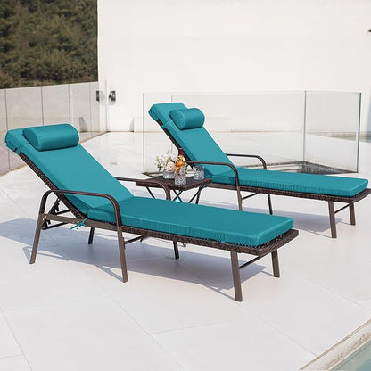 Kurapika Patio Chaise Lounge Set 3 Pieces Outdoor Lounge Chair, Rattan Reclining Chair Adjustable Backrest, Pool Sunbathing Recliners with Folding Table for Poolside Beach, Blue