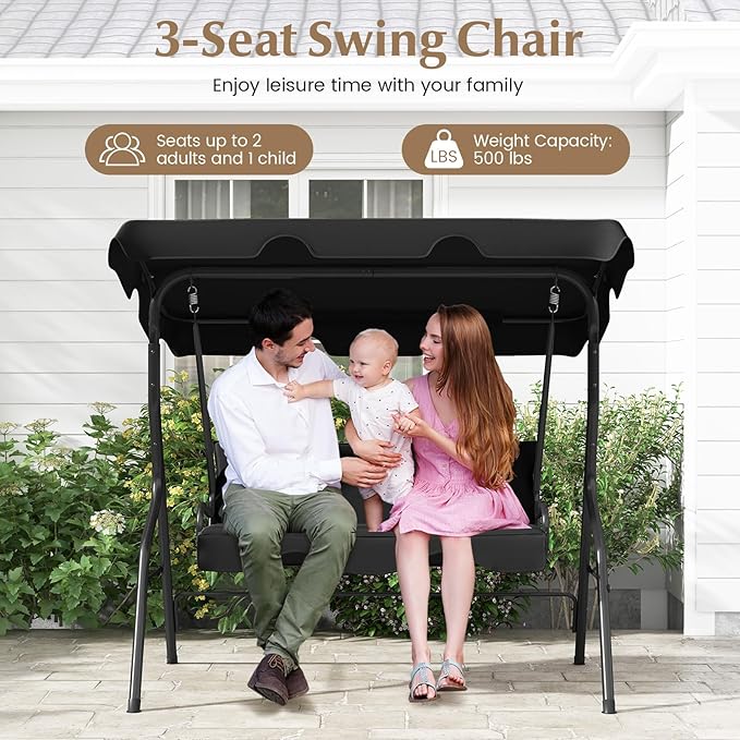 RELAX4LIFE 3-Person Porch Swing Chair - Outdoor Swing w/Adjustable Canopy, Removable Cushion & Metal Frame Stand - Photo 3