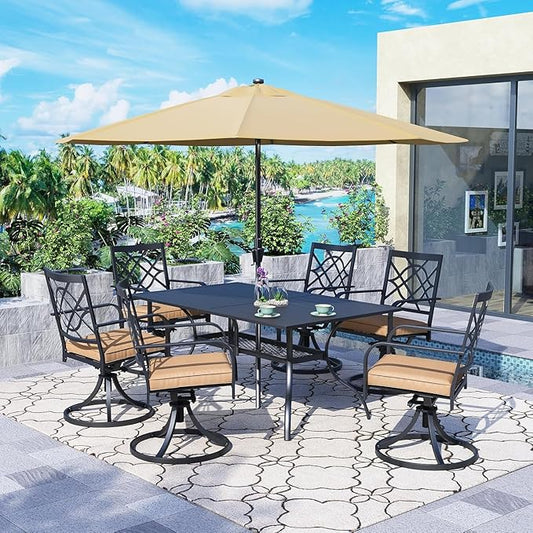 SUNCROWN 7 Pieces Outdoor Dining Set Metal Swivel Cushioned Chairs Patio Furniture Sets with Steel Slat Bistro Table and Brown 10Ft Patio Umbrella for Backyard, Lawn, Garden, Deck, Poolside