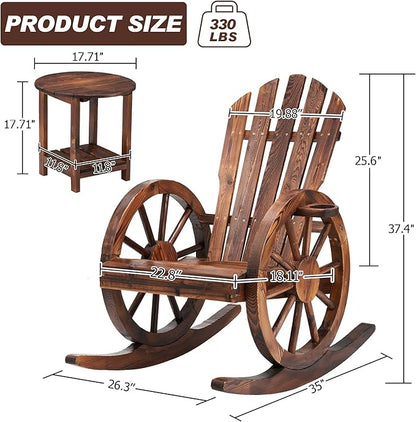 Spurgehom 3 Pieces Outdoor Wood Rocking Chair Set, 2 Patio Decor Yard Glider Rocking Chairs with 1 Side Table, Adirondack Rocking Chair for Porch Lawn Garden Balcony Poolside, Brown